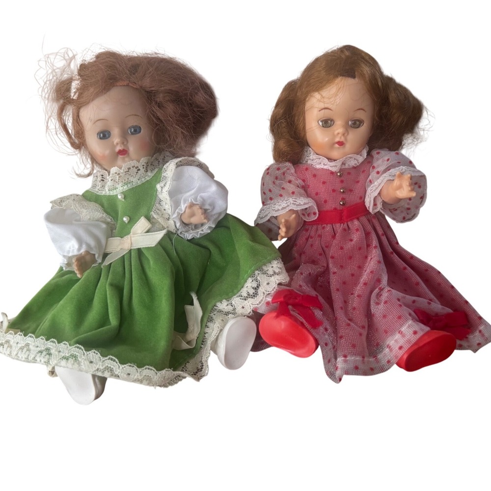 Vintage 1985 Vogue Dolls Ginny Set of 2 Green Velvet Red Polka Dot 7.5" Dolls